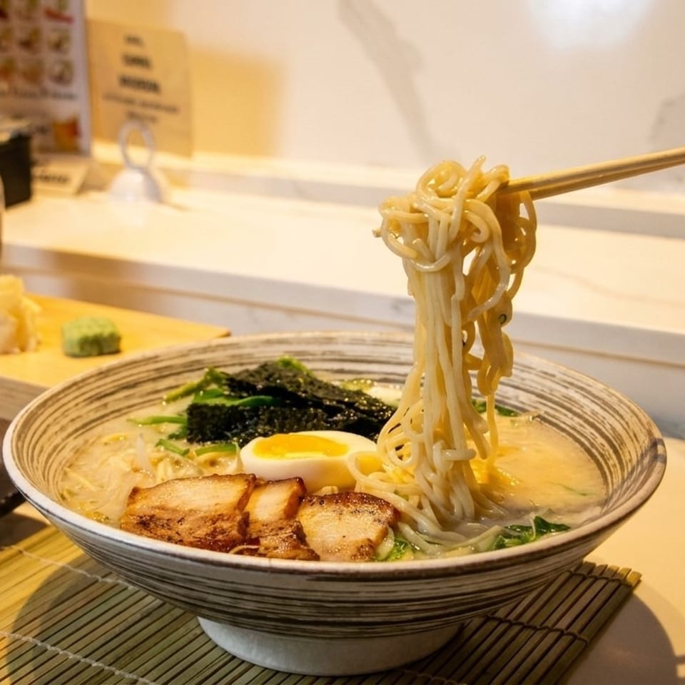 Chopsticks lifting noodles from a bowl of ramen with pork, egg, and seaweed.